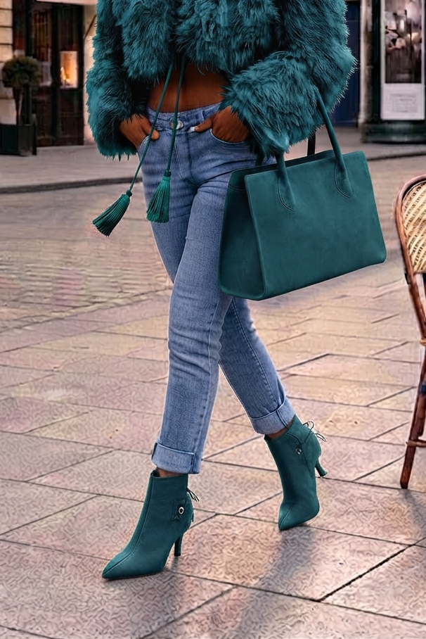 Women's peacock blue back lace-up ankle boots with pointed toe and high slim heel - Worn view